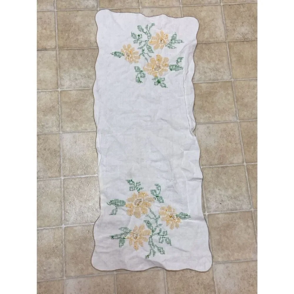 Hand-Embroidered Linen Table Runner with Yellow Floral Motif